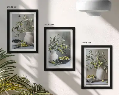 Juego de 3 cuadros decorativos con diseño de aceitunas en jarrones y ramas sobre fondo gris