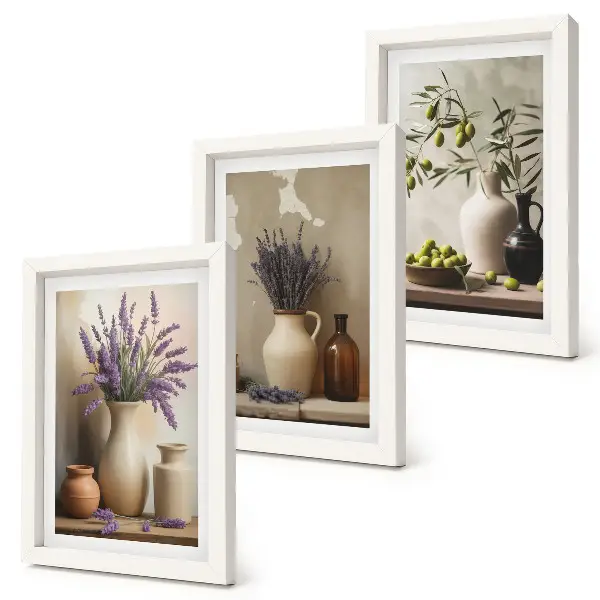 Juego de 3 cuadros decorativos con diseño de flores en jarrones, aceitunas y adornos naturales