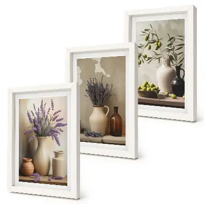 Juego de 3 cuadros decorativos con diseño de flores en jarrones, aceitunas y adornos naturales
