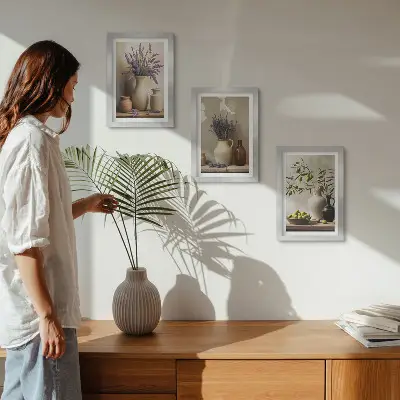 Juego de 3 cuadros decorativos con diseño de flores en jarrones, aceitunas y adornos naturales