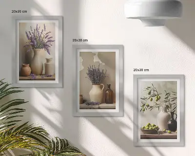 Juego de 3 cuadros decorativos con diseño de flores en jarrones, aceitunas y adornos naturales