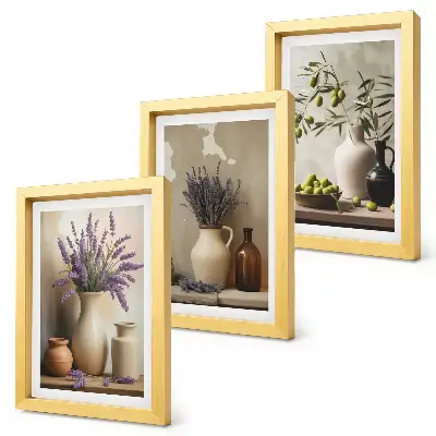 Juego de 3 cuadros decorativos con diseño de flores en jarrones, aceitunas y adornos naturales