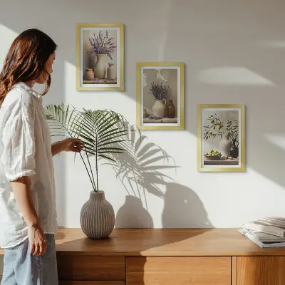 Juego de 3 cuadros decorativos con diseño de flores en jarrones, aceitunas y adornos naturales