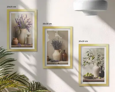 Juego de 3 cuadros decorativos con diseño de flores en jarrones, aceitunas y adornos naturales