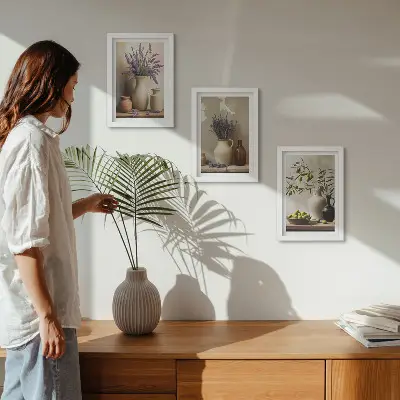 Juego de 3 cuadros decorativos con diseño de flores en jarrones, aceitunas y adornos naturales
