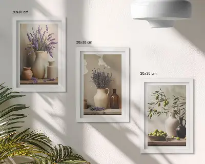 Juego de 3 cuadros decorativos con diseño de flores en jarrones, aceitunas y adornos naturales