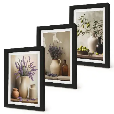 Juego de 3 cuadros decorativos con diseño de flores en jarrones, aceitunas y adornos naturales