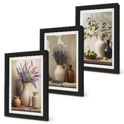 Juego de 3 cuadros decorativos Flores en jarrones, aceitunas y adornos naturales.