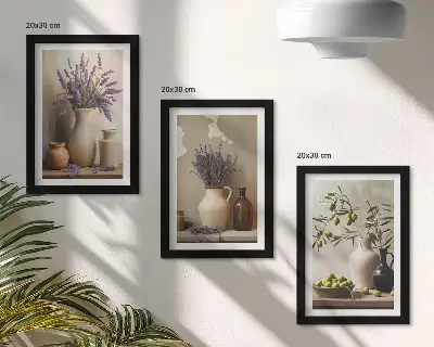 Juego de 3 cuadros decorativos con diseño de flores en jarrones, aceitunas y adornos naturales