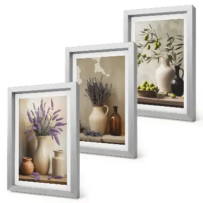 Juego de 3 cuadros decorativos con diseño de flores en jarrones, aceitunas y adornos naturales