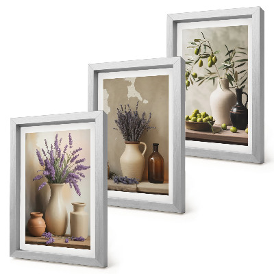 Juego de 3 cuadros decorativos Flores en jarrones, aceitunas y adornos naturales.