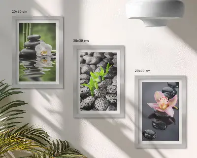 Tríptico enmarcado composición zen y apacible de piedras y flores sobre el agua