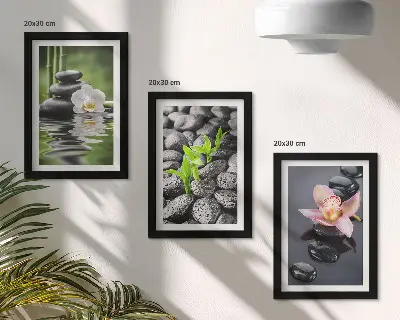 Tríptico enmarcado composición zen y apacible de piedras y flores sobre el agua