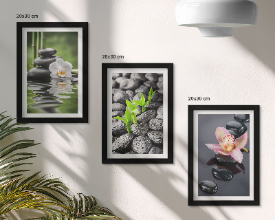 Tríptico enmarcado Una composición zen y apacible de piedras y flores sobre el agua.