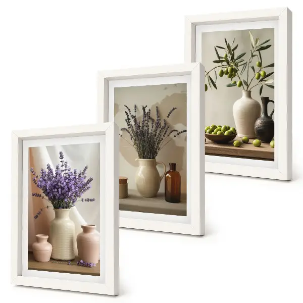 Juego de 3 cuadros decorativos con diseño de flores de lavanda, aceitunas y recipientes de cerámica