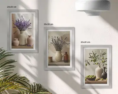 Juego de 3 cuadros decorativos con diseño de flores de lavanda, aceitunas y recipientes de cerámica