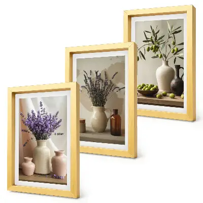 Juego de 3 cuadros decorativos con diseño de flores de lavanda, aceitunas y recipientes de cerámica