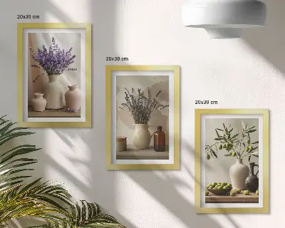 Juego de 3 cuadros decorativos con diseño de flores de lavanda, aceitunas y recipientes de cerámica