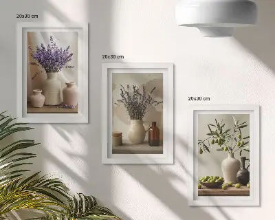 Juego de 3 cuadros decorativos con diseño de flores de lavanda, aceitunas y recipientes de cerámica