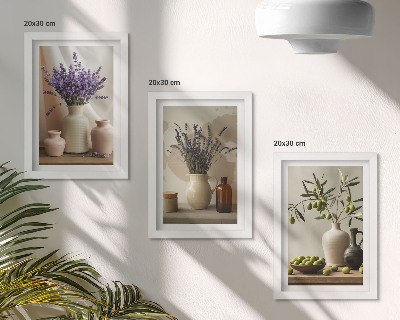 Juego de 3 cuadros decorativos Flores de lavanda, aceitunas y recipientes de cerámica