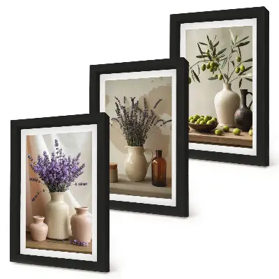 Juego de 3 cuadros decorativos con diseño de flores de lavanda, aceitunas y recipientes de cerámica