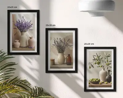 Juego de 3 cuadros decorativos con diseño de flores de lavanda, aceitunas y recipientes de cerámica
