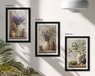 Juego de 3 cuadros decorativos Flores de lavanda, aceitunas y recipientes de cerámica