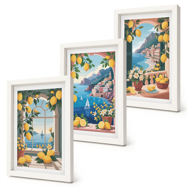 Juego de 3 cuadros decorativos Ventana con vista al mar y limones italianos.