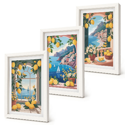 Juego de 3 cuadros decorativos Ventana con vista al mar y limones italianos.