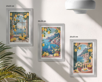 Juego de 3 cuadros decorativos Ventana con vista al mar y limones italianos.
