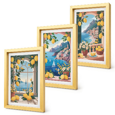 Juego de 3 cuadros decorativos Ventana con vista al mar y limones italianos.