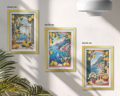 Juego de 3 cuadros decorativos Ventana con vista al mar y limones italianos.