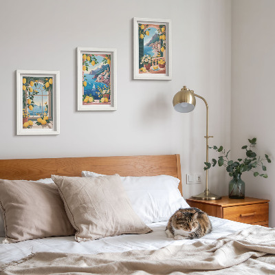 Juego de 3 cuadros decorativos Ventana con vista al mar y limones italianos.