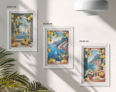 Juego de 3 cuadros decorativos Ventana con vista al mar y limones italianos.