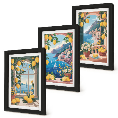 Juego de 3 cuadros decorativos Ventana con vista al mar y limones italianos.