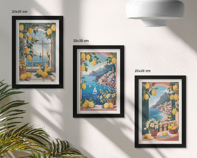 Juego de 3 cuadros decorativos Ventana con vista al mar y limones italianos.