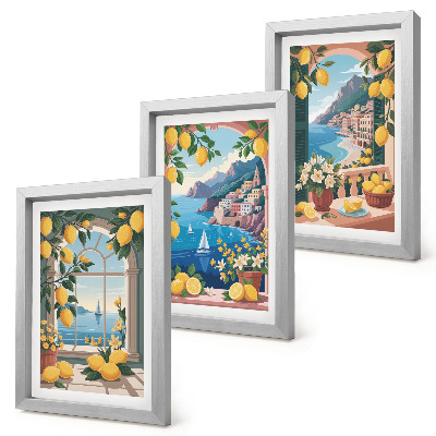 Juego de 3 cuadros decorativos Ventana con vista al mar y limones italianos.