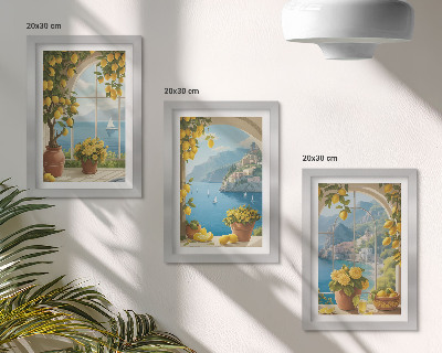 Tríptico enmarcado Paisajes marinos con limones italianos en las ventanas.