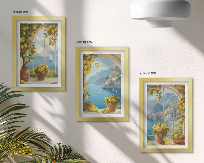 Tríptico enmarcado Paisajes marinos con limones italianos en las ventanas.