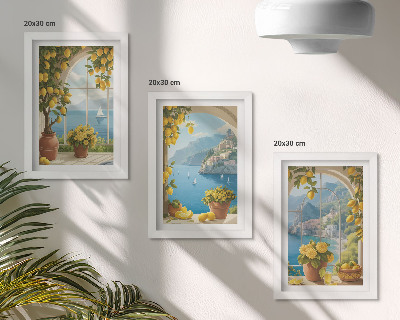 Tríptico enmarcado Paisajes marinos con limones italianos en las ventanas.