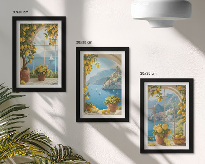 Tríptico enmarcado Paisajes marinos con limones italianos en las ventanas.