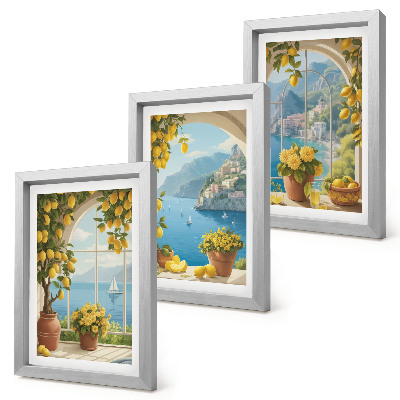 Tríptico enmarcado Paisajes marinos con limones italianos en las ventanas.