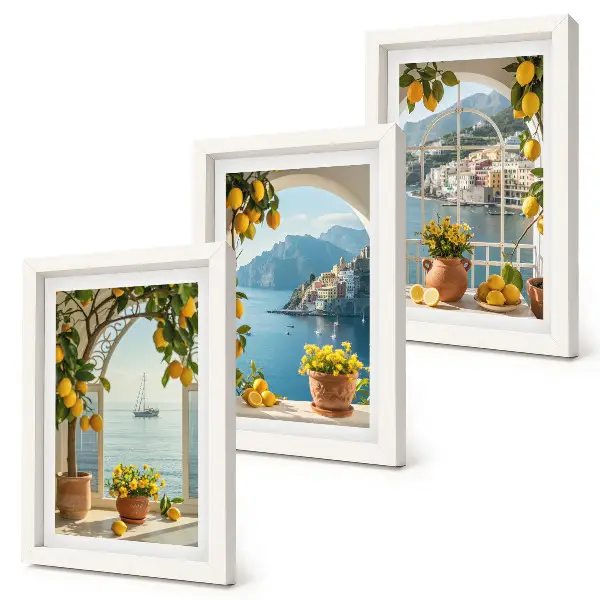 Juego de 3 cuadros decorativos con diseño de limones y flores en macetas en un pueblo costero