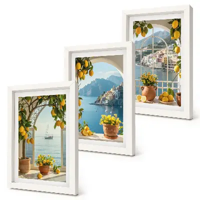 Juego de 3 cuadros decorativos con diseño de limones y flores en macetas en un pueblo costero