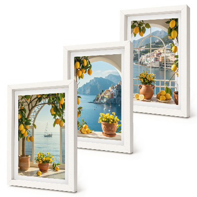 Juego de 3 cuadros decorativos Limones y flores en macetas en un pueblo costero.