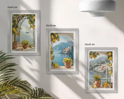 Juego de 3 cuadros decorativos con diseño de limones y flores en macetas en un pueblo costero
