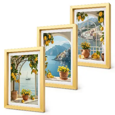 Juego de 3 cuadros decorativos con diseño de limones y flores en macetas en un pueblo costero