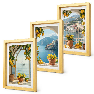 Juego de 3 cuadros decorativos Limones y flores en macetas en un pueblo costero.