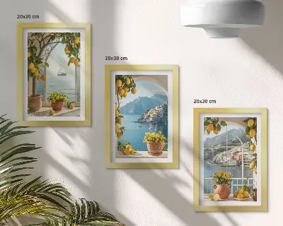 Juego de 3 cuadros decorativos con diseño de limones y flores en macetas en un pueblo costero