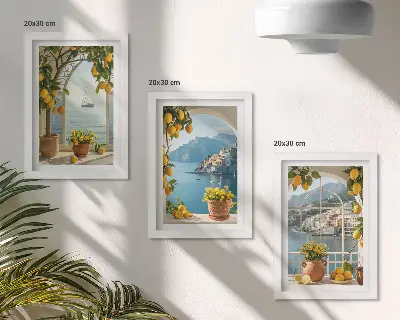 Juego de 3 cuadros decorativos con diseño de limones y flores en macetas en un pueblo costero